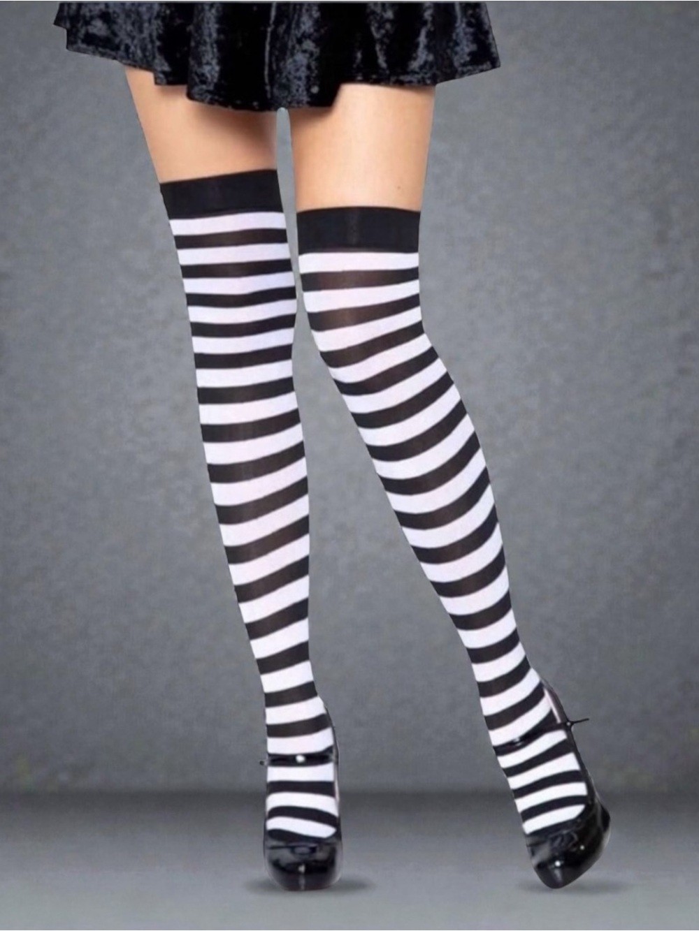 Music Legs 4741 Black & White Wide Striped Thigh High Tights One Size Fits Most
